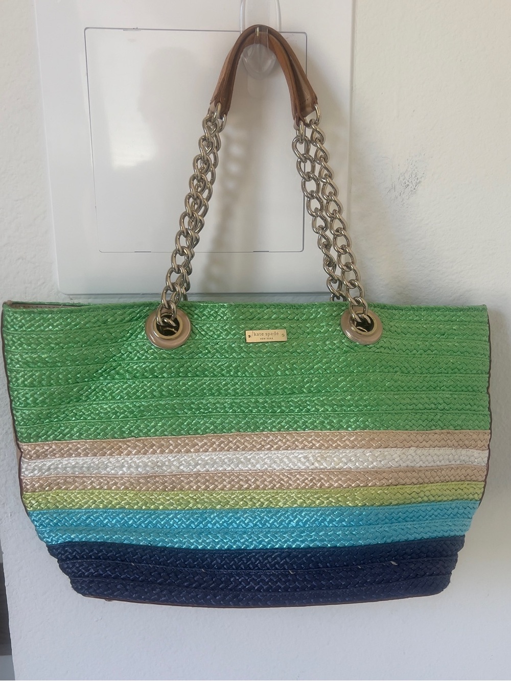 Kate Spade Chelsea Market Mini Coal Straw and Leather Chain Handle Tote Bag